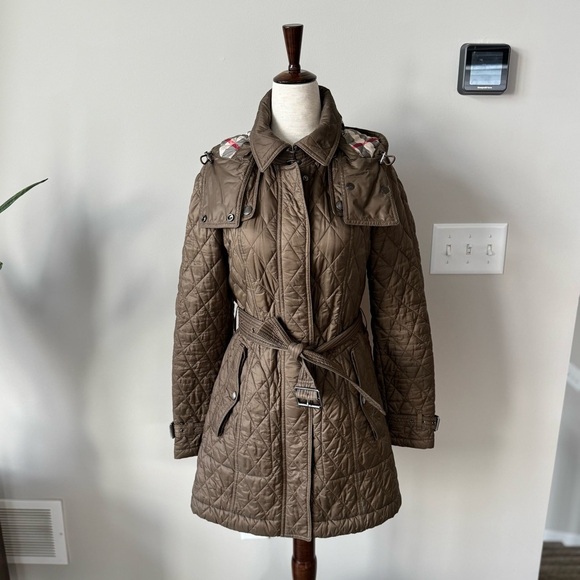 Burberry BRIT Nylon Diamond Quilted Belted & Hooded Parka - Olive - Picture 2 of 16
